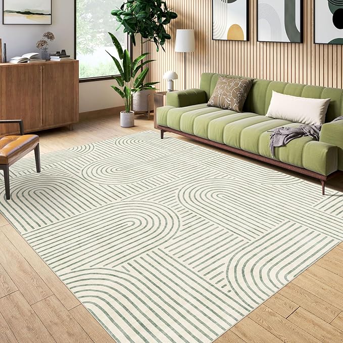 Area Rugs 9x12 Living Room - Large Washable Sage Green Boho Rugs for Bedroom Soft Abstract Rug Ultra-Thin Modern Rainbow Carpet Rug for Dining Room Nursery Room Home Decor