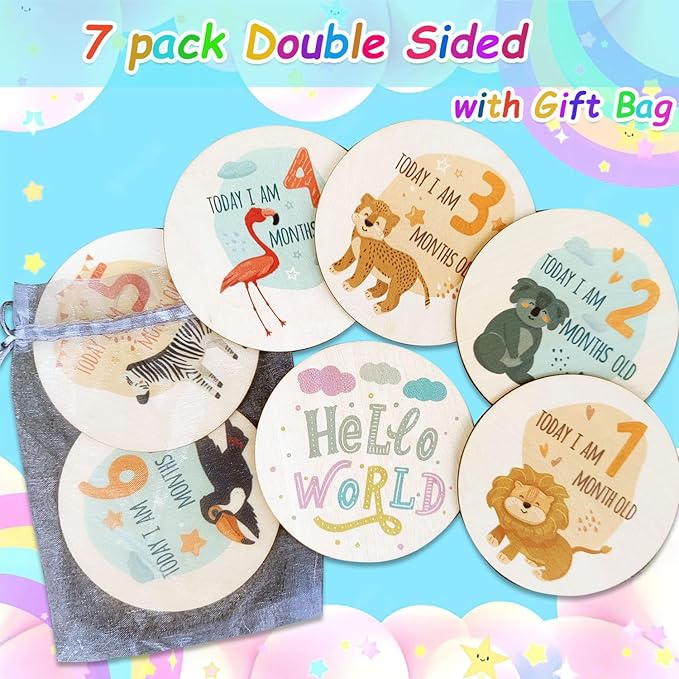 Baby Monthly Milestone Cards for Newborn Girl or Boy,Safari Monthly Baby Milestone Cards Baby Anniversary Signs,Baby Shower Cards Come with Organza Gift Bag (Milestone Wooden Circles)