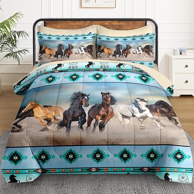 7 Pcs King Size Comforter Set with 2 Pillowcases & 2 Shams, Horses Western Bedding for Kids and Adults, Tribal Sunset Run Bed in a Bag with Flat Fitted Sheet