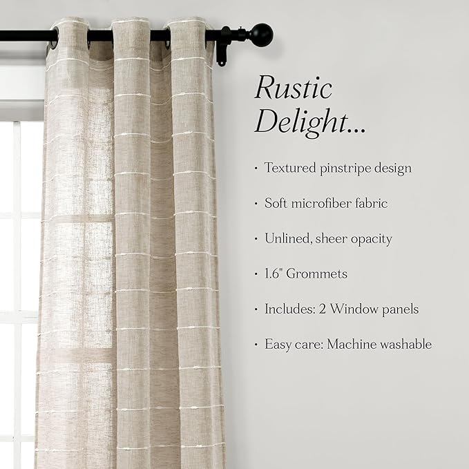Lush Decor Farmhouse Textured Grommet Sheer Window Curtain Panel Pair, 38"W x 120"L, Neutral