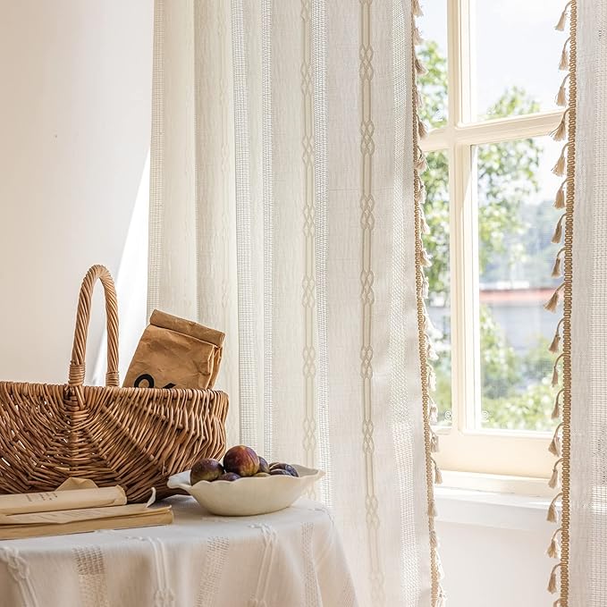 ENJOYBRIDAL Off White Curtains 96 Inch Length 2 Panels Boho Semi Sheer Drapes Cream Embroidered Tassel Rod Pocket Hollow Window Curtain Panels Farmhouse Window Treatment for Bedroom Living Room