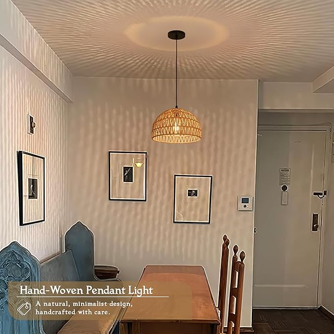 Hemp Rope Woven Pendant Light Woven Light Fixture Boho Chandelier Light Fixture Wicker Pendant Lights Rattan Lights Pendant Dome Wicker Chandelier for Dining Room Kitchen Island(Bulb Incl.