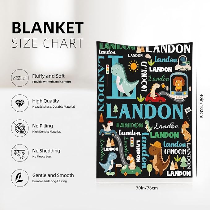 Personalized Dinosaur Preschool Blanket for Toddler Kids Boys with Name - Super Soft Lightweight Customized Dino Truck Baby Crib Fleece Sheets Decor for Couch Girls - Custom Dinosaur Gifts - 30" X 40"