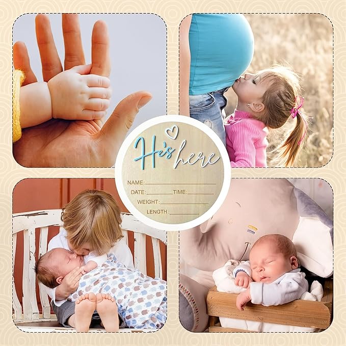 Baby Announcement Sign, 5.9 Inch Wooden Hello World Newborn Signs, Birth Announcement Sign, Gender Reveal Signs, He's here Decoration, Welcome Newborn Arrival To World, Hospital Nursery for Baby