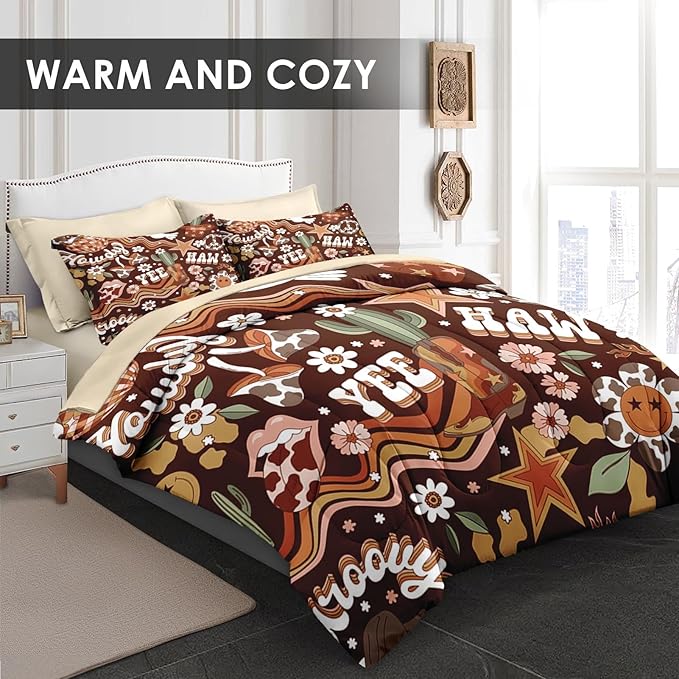7 Pcs King Size Comforter Set with 2 Pillowcases & 2 Shams, Western Hippie Cowgirl Bedding for Kids and Adults, West Boho Cowboy Bed in a Bag with Flat Fitted Sheet