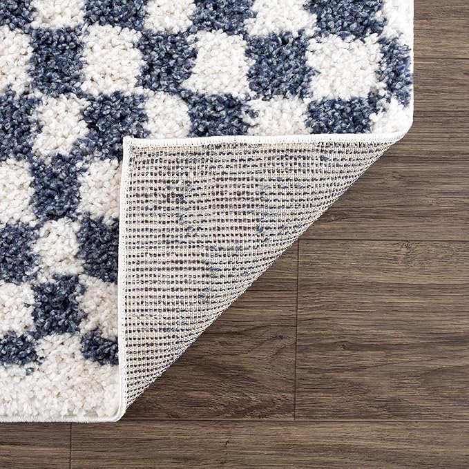 Hauteloom Kieu Contemporary Checkered Fluffy Shag Area Rug - Modern Geometric Soft Carpet Tiles for Living Room, Kids Room, Nursery - White, Blue - 8'10" x 12'