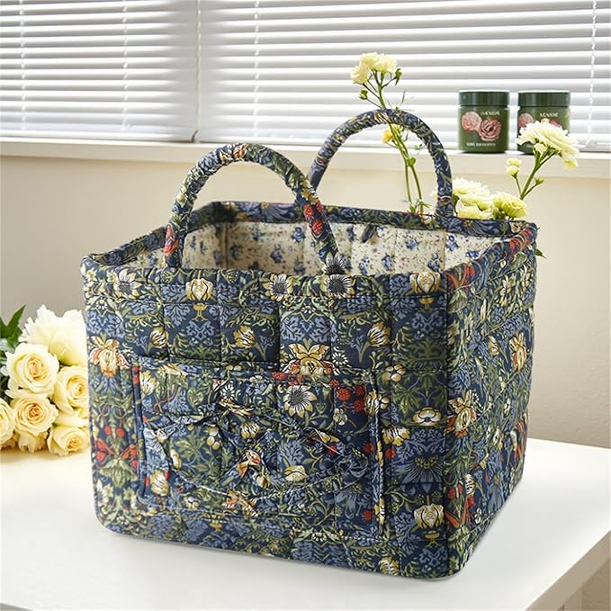Boho Fabric Storage Basket, Collapsible Floral Laundry Nursery Hamper, Portable Folding Organizer Bin for Home Office Picnic Clothes Toys Books Sundries Storage (Floral 12)