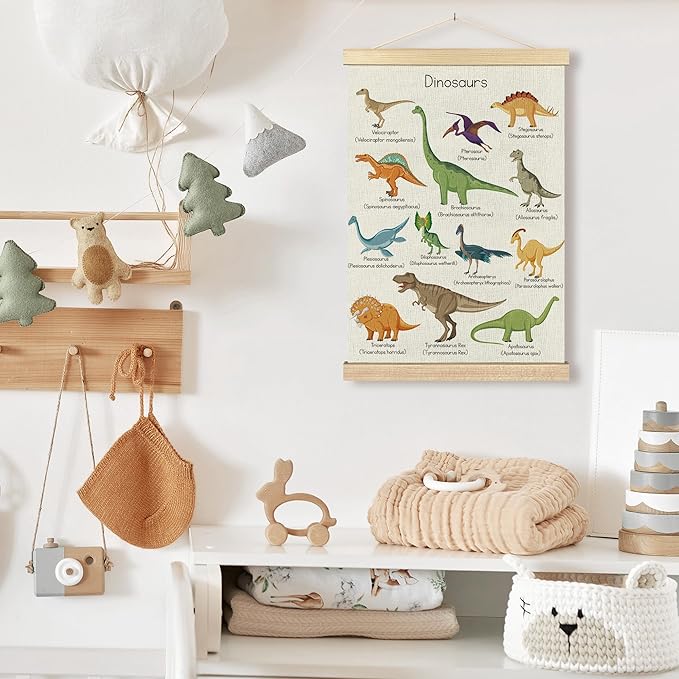 BCUANGD Dinosaur Dino Wall Decor - Toddler Boys Room Wall Art Poster Hanger with Wood Frames, Inspirational Wall Hanging Canvas Decor for Kids Baby Room Nursery Bedroom, 16x24 Inches
