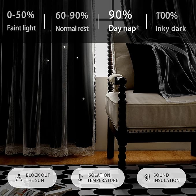 XiDi Black Curtains for Bedroom 63 Inches Long Hollow Star Curtains Blackout Modern Luxury Unicorn Decor for Kids Girls Room Black Out Drapes for Living Room 2 Panels 34x63