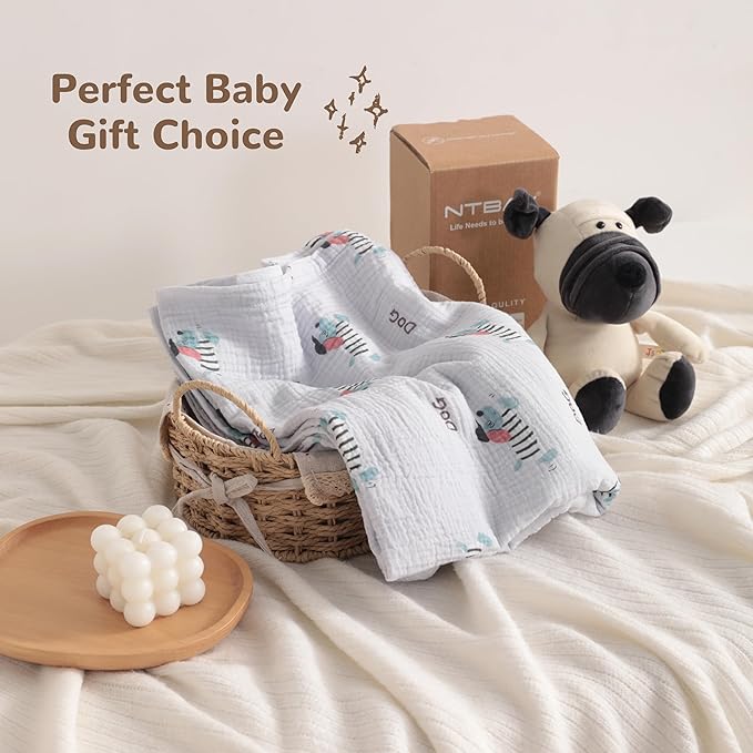 NTBAY 4 Layer Muslin Cotton Blanket, 30x40 Soft and Breathable Receiving for Newborns and Infants, Perfect for Crib, Stroller, Travel, Lightweight Nursery Blanket, Striped Dog