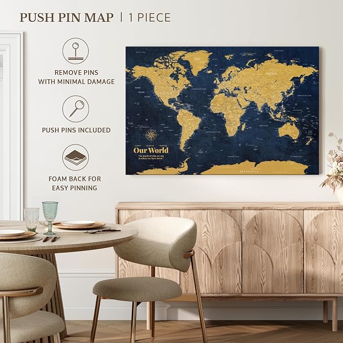 ElephantStock - Personalized Push Pin World Map - Gold Wall Art - Horizontal Canvas Wall Art - Living Room Wall Decor - Digital Art Map Canvas Art - Orange And Blue Decor - 39" x 26"