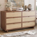 6 Drawer Dresser for Bedroom, 57in Wide Rattan Dresser, Boho Chest of Drawers, Wooden Chest with Clothes Storage Cabinet, Drawer Organizer for Bedroom, Living Room, Hallway, Walnut