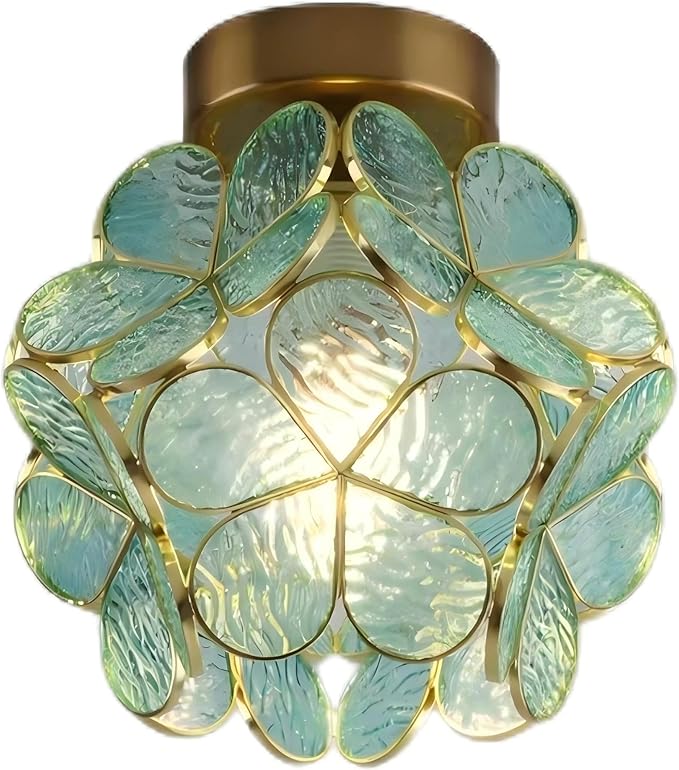 7.9 Inch Petal Ceiling Light, Tiffany Style Metal and Glass Ceiling Light, Modern Ceiling Light with E27 Base for Hallway, Entryway, Bedroom - Blueish Green