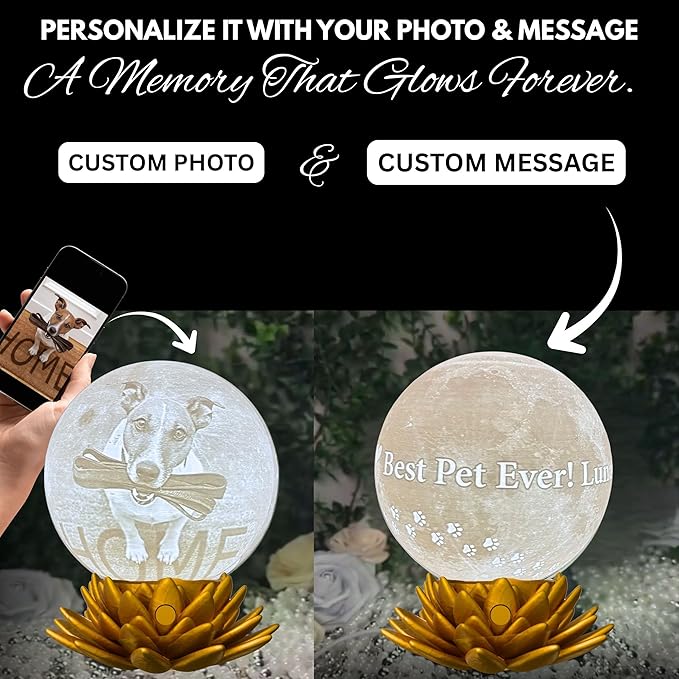 Personalized Pet Moon Lamp with Custom Photo & Text - Custom Pet Memorial Gift - Sympathy Gifts for Loss of Beloved Dog - Cat Night Light - Dog Loss Gift - Cat Memorial Lamp