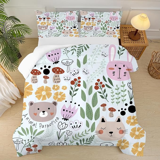 Cartoon Cat Comforter Set Queen Size Floral Bedding for Teen Girls Boys Women Green Animals Print Bedroom Quilt 1 Comforter + 2 Pillow Cases