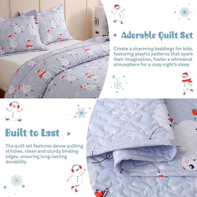 JSD Blue Snowman Christmas Kids Quilt Set Twin Size, 2 Pcs Christmas Bedding, Soft Microfiber Printed Bedspread Coverlet Holiday Quilted Blanket