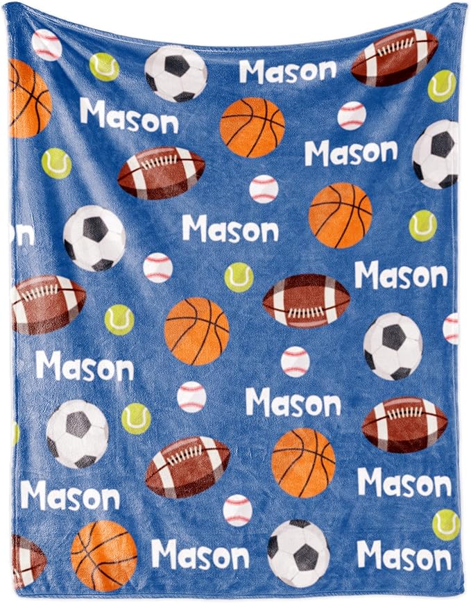 Personalized Ball Blanket with NameforBoysCustom Name BlanketforKids BallSoft Flannel Ball Toddler Blanket CustomizedGiftforBirthday Christmas Baby Shower Newborn Gift 60in X 80in 6-balls-blue
