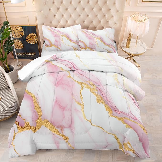Girls Queen Comforter Set: Pink Marble Bedding Set Queen Size for Teen Girl Women Pink and Gold Abstract Marbling Bed Set Luxury Soft Quilt 1 Comforter & 2 Pillowcases