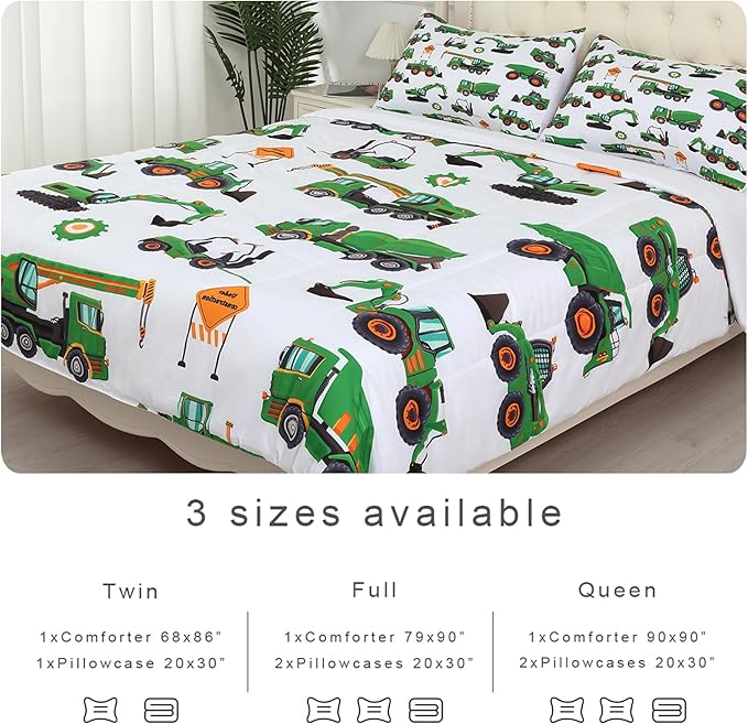 Comforter Set Green Tractor: Full Size Cartoon Excavator Truck Car Bedding Sets for Boys Kids Teens Toddler Construction Vehicles Quilt Bed Set with 1 Comforter & 2 Pillowcases