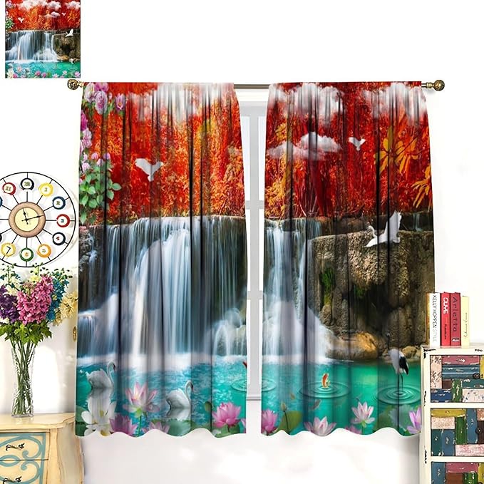 Nature Blackout Curtains, Waterfall Landscape Forest River Crane Fish Floral Pattern Rod Pocket Window Drapes, for Bedroom Living Room 84" W X 84" L
