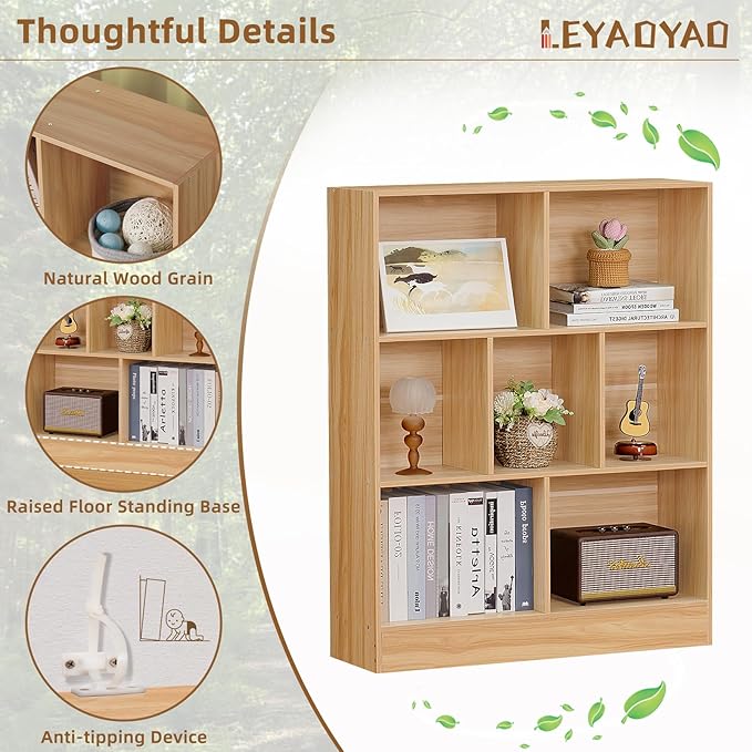 LEYAOYAO 7 Cube Bookshelf with Wood Base,Natural 3 Tier Mid-Century Modern Bookcase,Standing Wide Bookshelves Storage Organizer Shelf,Rustic Display Cabinet Book Shelves for Bedroom,Living Room