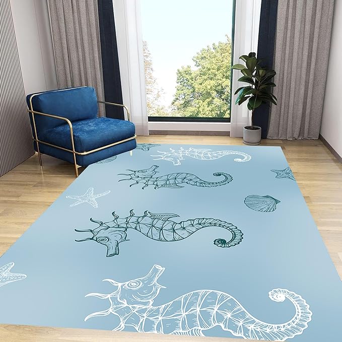 Seahorse Starfish Area Rugs, 5x8ft, Coastal Marine Animal Shell Nautical Rug for Bedroom, Pet Friendly Absorbent Carpet, Floor Decor Dirty Resistant Durable Mat for Bath Room Girls Boys