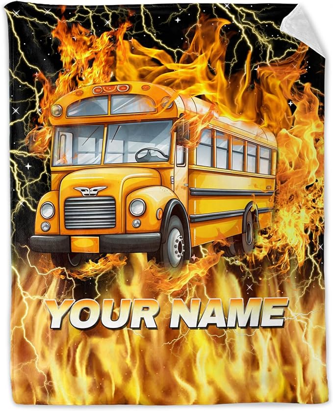 Boys Blanket Gifts Custom School Bus Blankets for Kids, Toddler - Cozy Fuzzy Yellow Flannel School Bus Driver Throws for Couch, Sofa & Bed