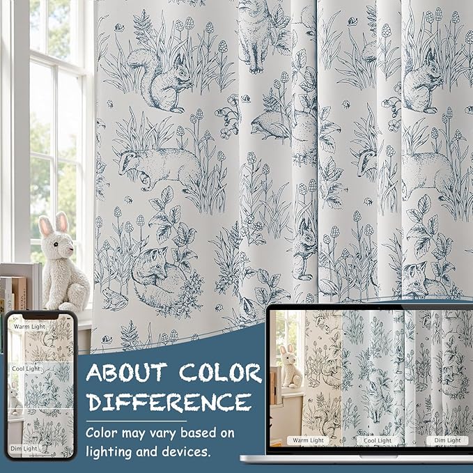 jinchan Blackout Nursery Curtains 84 Inches Long, Bunny Woodland Toile Curtains Blue on Beige Animal Printed Drapes for Bedroom Rod Pocket Thermal Insulated Farmhouse Window Treatment 2 Panels