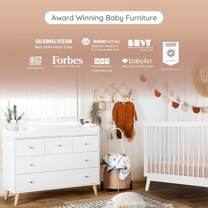 dadada Baby Harmony Nursery Set, Furniture Set. Baby Crib and Dresser Combo. Soho 3 in 1 Convertible Crib and Austin 5 Drawer Nursery Dresser. White Beechwood