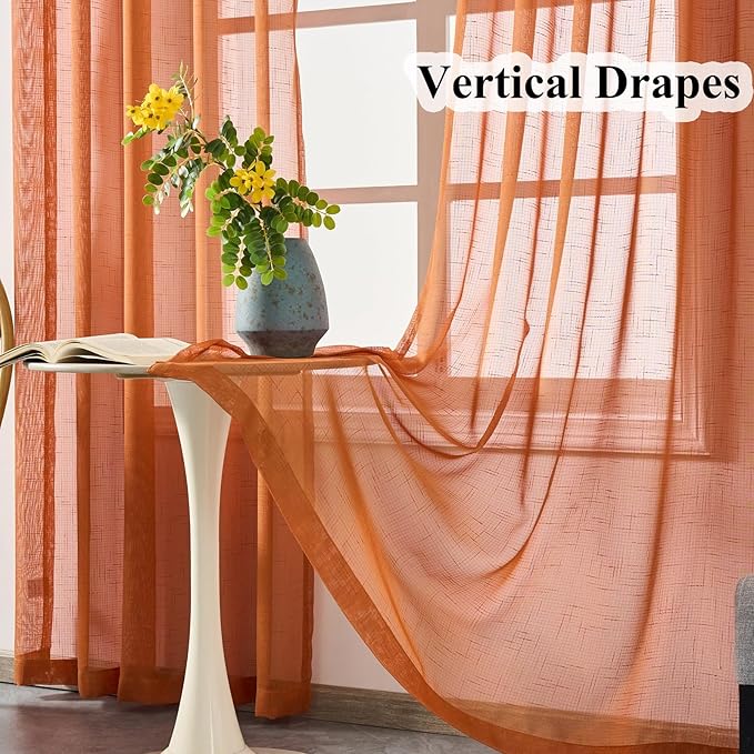 Burnt Orange Curtains Sheer 90 Inches Long, Rustic Linen Look Textured Light Filtering Drapes Decor, Western Boho Transparent Window Treatments, Pinch Pleat Curtain with Hooks