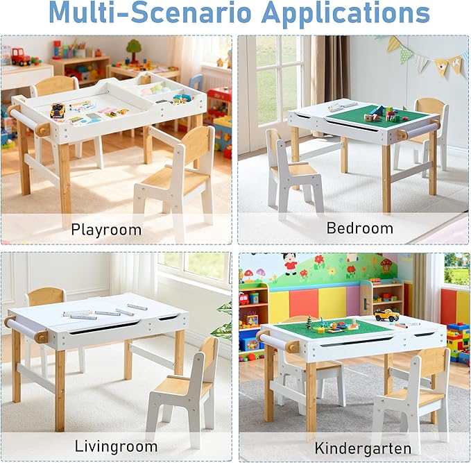 Kids Activity Table with Storage, 3 in 1 Kids Table Compatible with Lego Building Block for Boys Girls, Wooden Desk Reversible Tabletop for Toddler Arts,Drawing, Reading