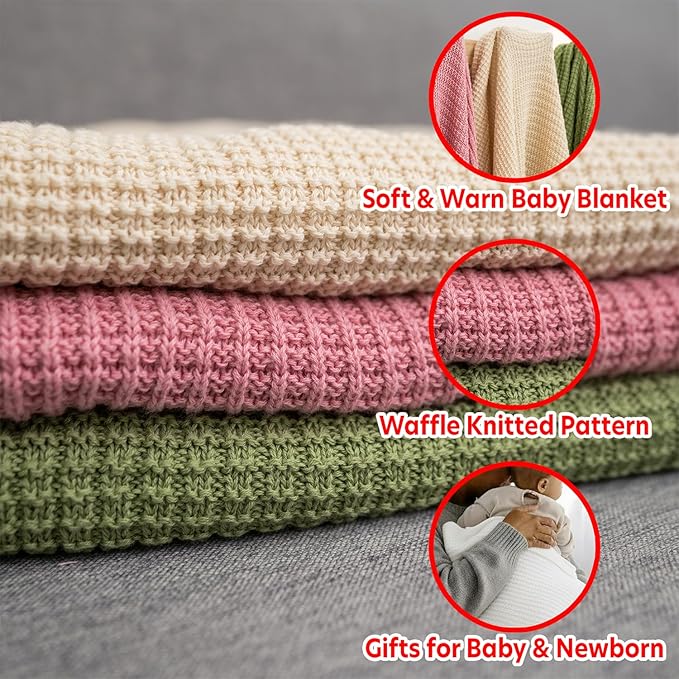Baby Knit Blanket, 100% Cotton Waffle Patterns, Soft, Cozy, Lightweight Swaddle for Newborn & Infant Swaddling Beige Neutral, Perfect Baby Shower Ideas White 30x40