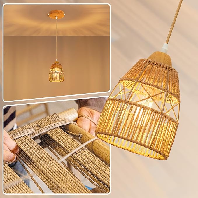 Boho Rattan Pendant Light Kitchen Island,Farmhouse Chandeliers Adjustable Height Hanging lamp for Dining Room,Small Kitchen Ceiling Lights Fixtures with Hand Woven Wicker Lampshade Lighting