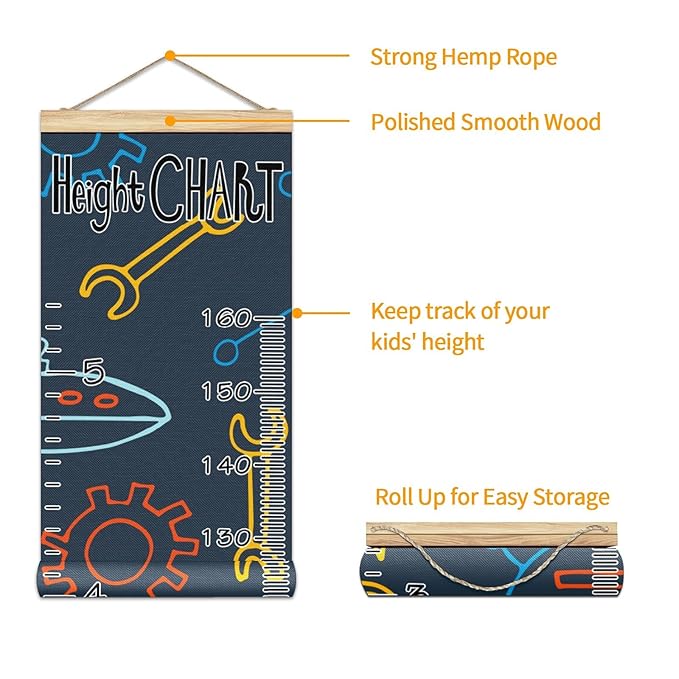 Kids Growth Chart Ruler for Wall Wood Frame Height Measure Chart 13.4x56 in Linen Hanging Height Growth Chart Robot Space Rocket Spaceship Kids Room Decor