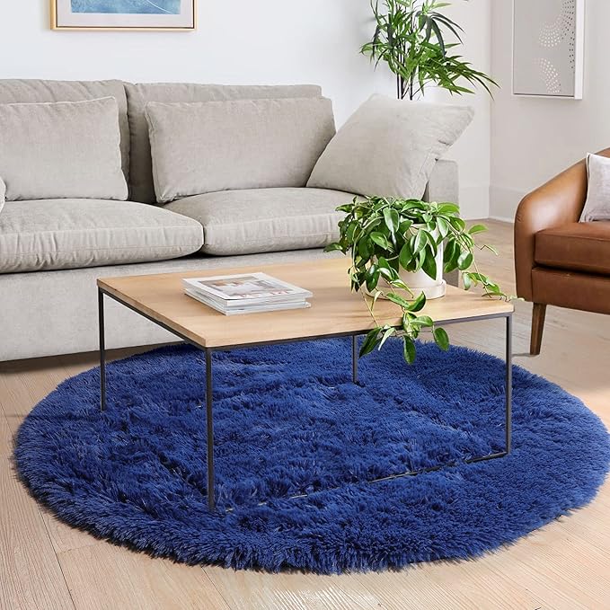 Navy Blue Round Rug 7Ft for Living Room Bedroom, Large Fluffy Fuzzy Circle Area Rugs for Teen Boys Baby Kids, Cute Shaggy Plush Floor Royal Dark Blue Carpet for Dorm Nursery Playroom Decor Aesthetic