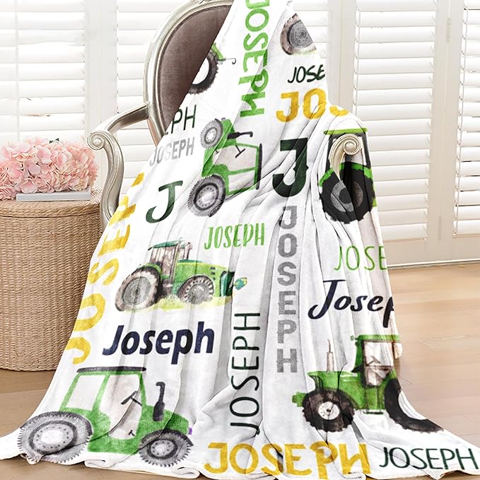 Personalized Tractor Blanket with Name for Baby Boys, Custom Name Blanket Trucks for Kid, Soft Flannel Toddler Blankets Customized Gift for Newborn Baby Shower Birthday-30 x40