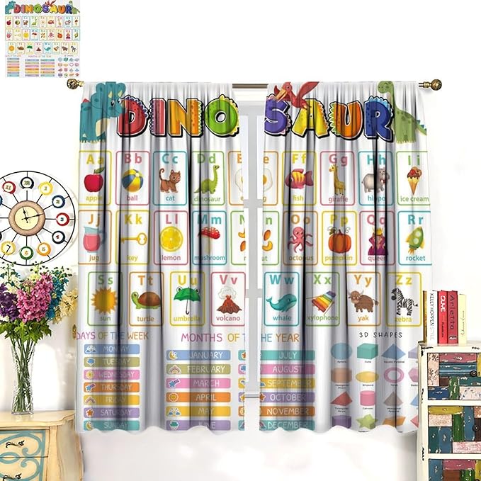 Funny Kids Alphabet Curtain, Cartoon Animal Alphabet Learning Dinosaur Boys Kids Students Baby Educational Colorful Blackout Window Treatments for Bedroom Living Room School 55" W X 63" L