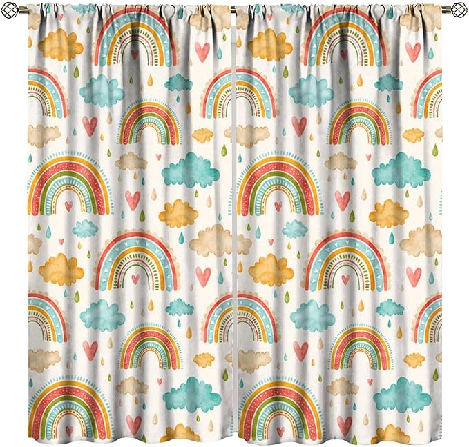 Boho Rainbow Curtains for Kids Nursery Colorful Floral Sun Star Clouds Pastel Bohemian Pattern Print Window Drapes for Girl Bedroom Living Room Kitchen Decor,2 Panel Set,63Wx63H Inch Blackout