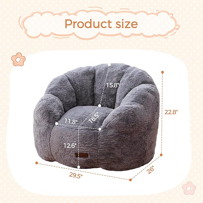 MAXYOYO Kids Bean Bag Chair, Floral Shaped Bean Bag Sofa, Plush Faux Fur Toddler Couch with Petal Backrest for Boys Girls, Stuffed Cozy Sofa for Nursery, Bedroom, Grey