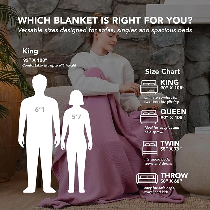 Goqan Muslin Blanket Queen 79x90 – 100% Cotton 4 Layer Boho Muslin Blanket for Adults, Lightweight, Soft, Breathable for Bed,Couch - Pink