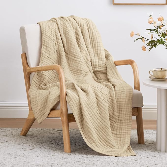 Love's cabin 6 Layer 100% Cotton Muslin Blanket, 60"x80" Twin Muslin Blanket for Couch Bed, Lightweight and Breathable Cotton Gauze for Adult, Khaki