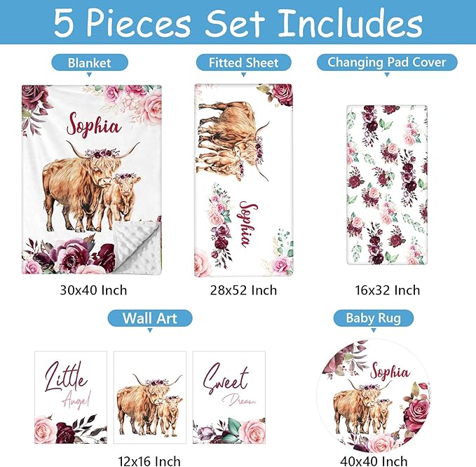 Personalized Name Baby Crib Bedding Set, 5 Pcs Custom Highland Cow Nursery Bedding Sets for Baby Girls Boys, Soft Double Layer Blanket, Newborn Infant, Toddler Crib Set