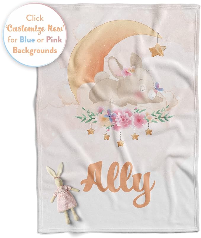 Custom Baby Blankets with Name | Personalized Bunny Newborn Blanket for Baby Girl and Baby Boy | Unisex Warm Soft Sherpa Swaddle Blanket Minky | (Bunny, Sherpa 50"x60")