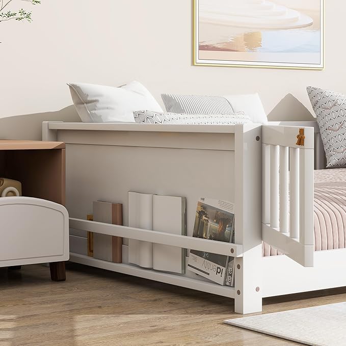 Floor Bed with Rails and Door Twin Size, Wood Montessori Floor Bed with Storage Bookcase, Kids Bed Frame with Fence for Boys Girls, White
