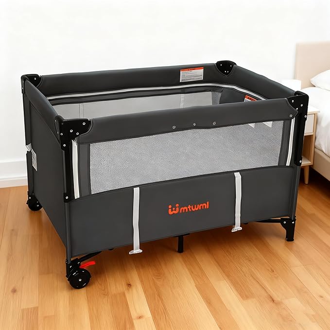 MTWML Portable Baby Bassinet,2 in1 Baby Playard and Bedside Crib with Wheel,1-Second Setup Foldable Playpen and Nursery Center with Travel Bag for Home or Travel Newborn to Toddler(Deep Grey)
