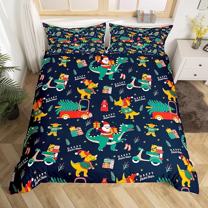 Christmas Bedding Set Cartoon Santa Claus Christmas Tree Comforter Cover for Kids Teens Cute Dino Race Cars Duvet Cover Breathable Gingerbread Man Bedspread Cover Room Decor Quilt Cover Toddler Size