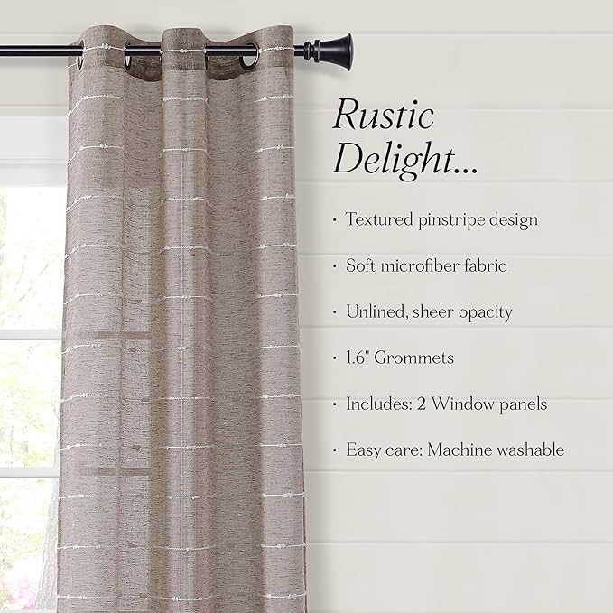 Lush Decor Farmhouse Textured Grommet Sheer Window Curtain Panel Pair, 38"W x 120"L, Brown