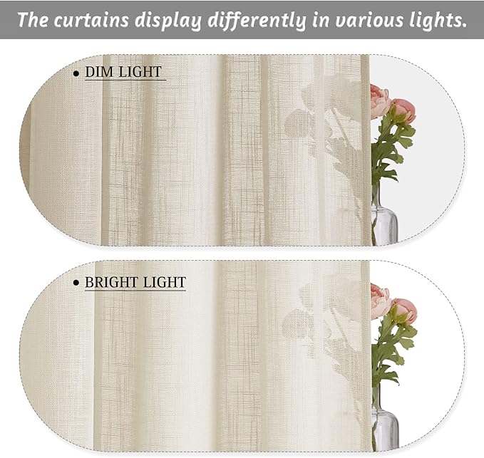 RYB HOME Sheer Curtains 96 inches Long, Linen Textured Semi Sheer Farmhouse Curtains Sunlight Filtering Airy Window Treatment for Bedroom Living Room, W 52 x L 96 inch, 2 Panels, Warm Beige