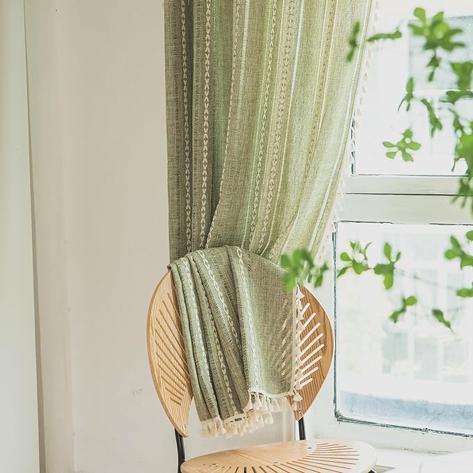Deeprove Green Bohemian Curtains 90 Inches Long Linen Textured for Living Room Light Filter Farmhouse Sheer Hollow Striped Moss Drape, Rod Pocket Window Treatment for Bedroom 1 Panel W52 x L90