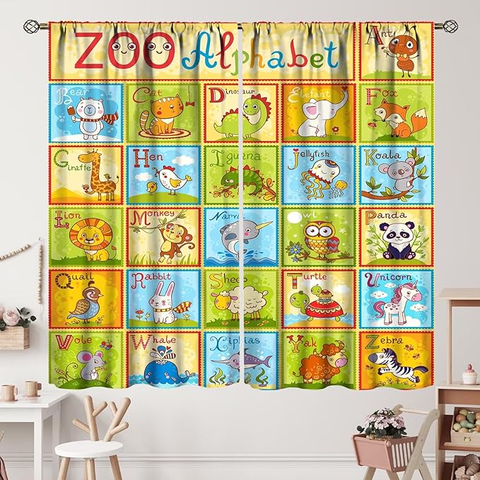 Alphabet Curtains Kids Educational Learning Tool Baby Cartoon Animals Colorful Curtain with Rod Pocket for Bedroom Living Room Decor Drapes Window Treatments 2 Panels Set 72" W X 63" L